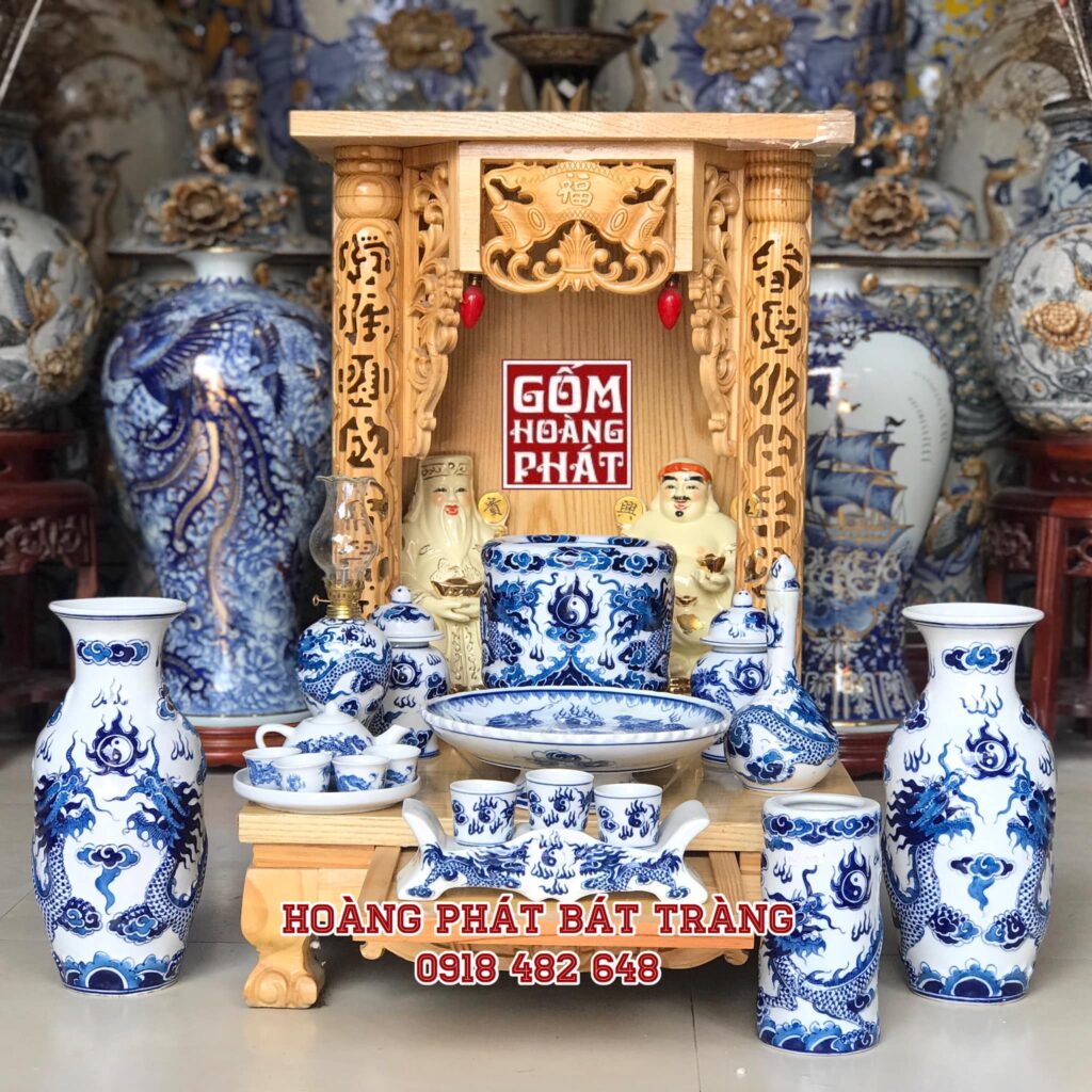 Bộ đồ thờ ban thờ thần tài men xanh nổi 3D gốm Bát Tràng