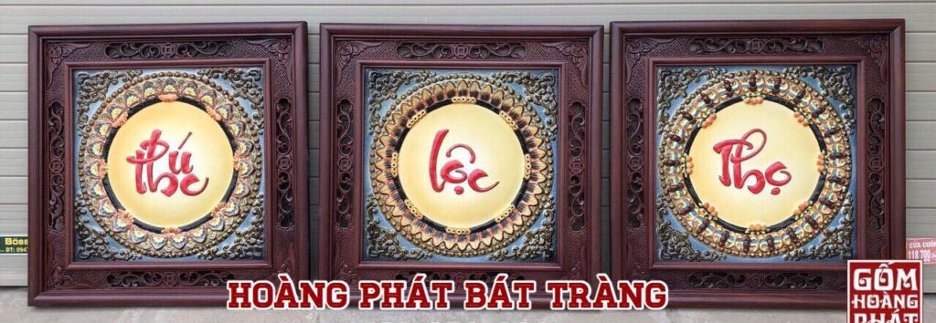 Tranh sứ Phúc Lộc Thọ khung viền hoa