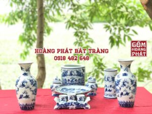 Bộ đồ thờ men lam cổ cao cấp gốm sứ Bát Tràng