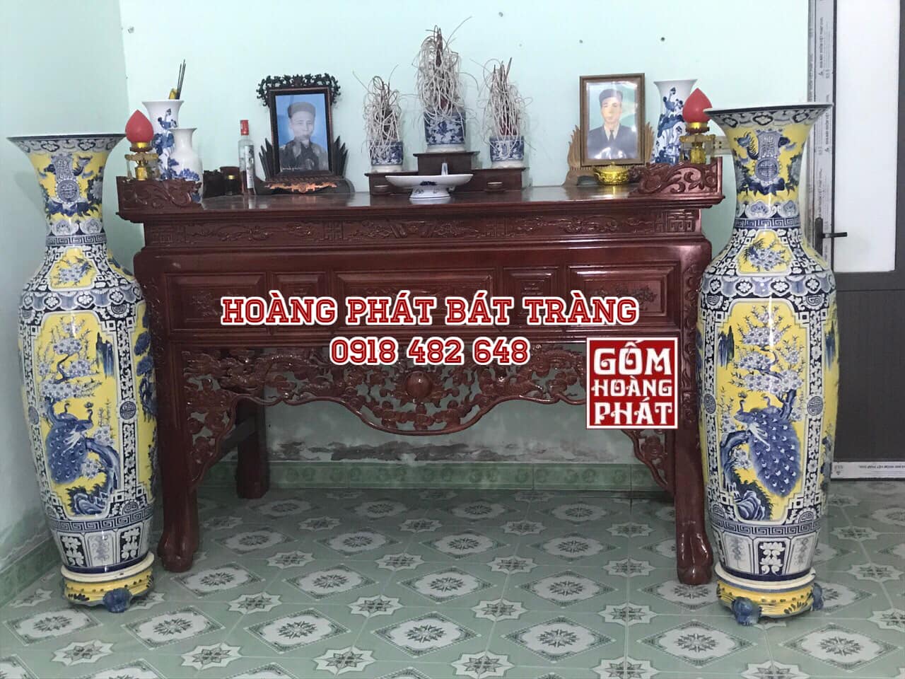 Lục bình sứ tứ quý men vàng hoàng gia Bát Tràng