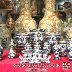 Bộ đồ thờ xanh lam nổi 3D vẽ vàng kim cao cấp Bát Tràng số 3