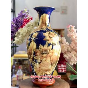 Bảo bình hoa sen vàng nền xanh than vàng kim cao cấp H46cm