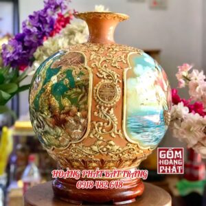 Bình hút tài lộc nhị cảnh khung viền nổi vàng kim cao cấp Bát Tràng.