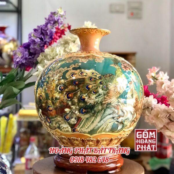 Bình hút tài lộc nhị cảnh khung viền nổi vàng kim cao cấp Bát Tràng.
