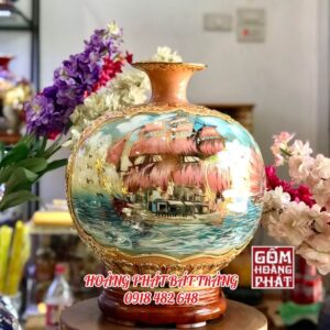 Bình hút tài lộc nhị cảnh khung viền nổi vàng kim cao cấp Bát Tràng.
